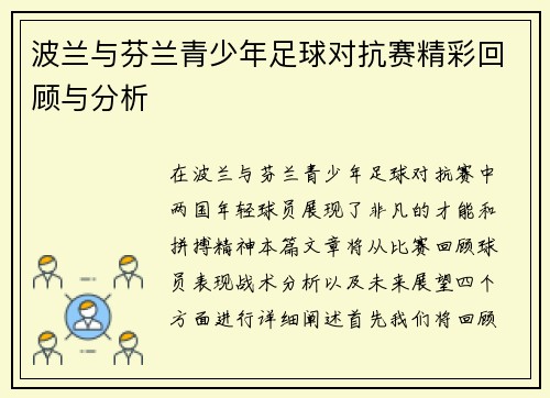 波兰与芬兰青少年足球对抗赛精彩回顾与分析